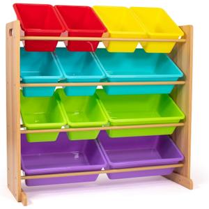 Humble Crew Kids Toy Storage Organizer with 12 Plastic Bins, Natural Wood/Rainbow  Removable Bins for Playroom, Bedroom, Toddler Furniture for Boys and Girls Ages
