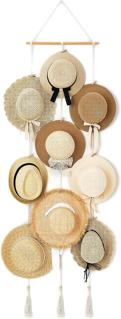 Mkono Hat Rack Hat Hangers for Wall Boho Caps Storage Display Organizer with Decorative Tassels Modern Cowboy Womens Hat Display Holder for Wide Brim Fedora Bowler Baseball Caps, Medium