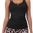 Aleumdr Women's Two Piece Tankini Swimsuit Tummy Control Bathing Suit V Neck Swim Tank Top with Boyshorts (Leopard Black) Large