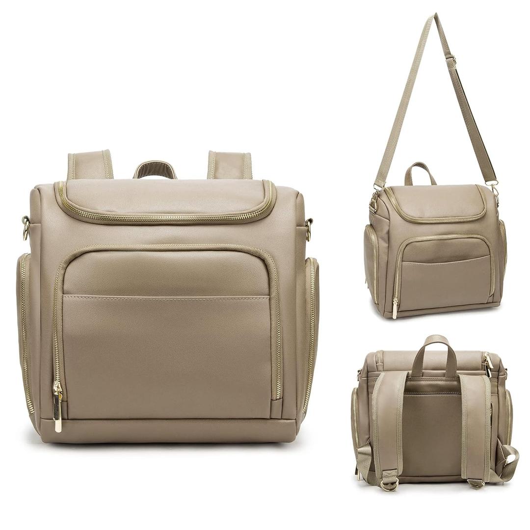 Leather Diaper Bag Backpack with Changing Pad - Multi-Function Large Capacity Baby Bag with Adjustable Shoulder Strap & Stroller Straps (Khaki)