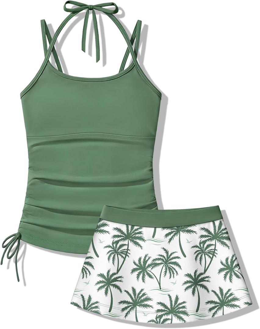 Girls Swimsuit 2 Piece Halterneck Tankini Swimsuits with Printed Skirt Drawstring Bathing Suit for 13-14Years