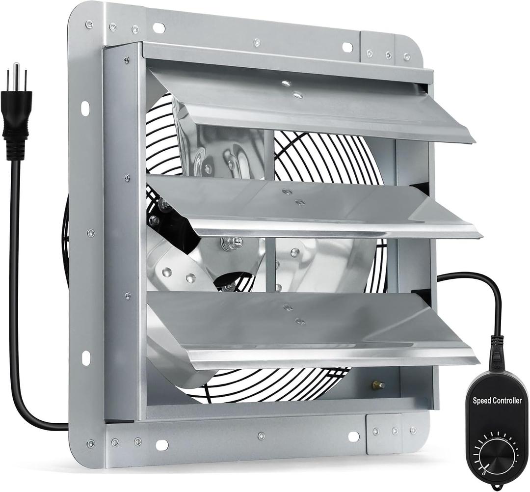 14 Inch Shutter Exhaust Fan with Speed Controller and Power Cord, High Power Wall Mount Attic Fan for Greenhouses, Sheds, Garages, Chicken Coops, Barns Ventilation, 1088 CFM