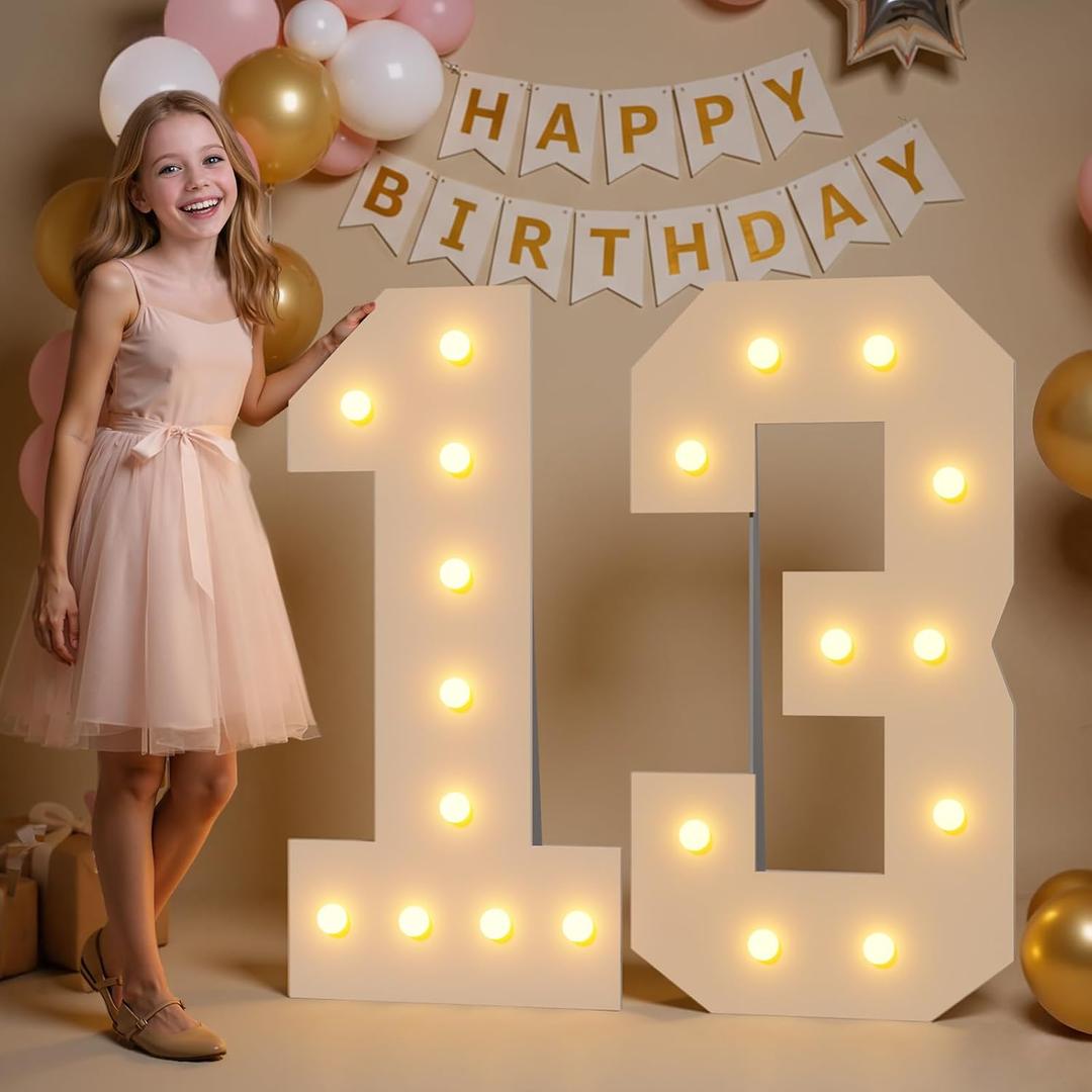 imprsv Marquee Numbers 13 Light up Numbers 4ft, Pre-Cut Foam Board Kit with Light Bulbs for 13 Year Old Party Decorations, 13th Birthday Decorations for Girls Boys Assembly Required