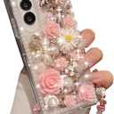 Changjia for Samsung Galaxy S25 Plus Glitter Bling Case, Cute Luxury 3D Sparkle Crystal Rhinestones Flowers Diamond Gems Pearl with Lanyard Wrist Strap Women Girls Case for Galaxy S25 Plus 6.7" (Pink)
