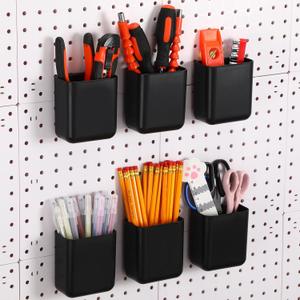 LemonRoad 6 Pack Pegboard Cups with Hooks 3.5 x 2 x 4 Inch Plastic Peg Board Storage Pins Black Pegboard Wall Organizer Holder Attachments Accessories for Office Classroom Workbench Craft Room Garage
