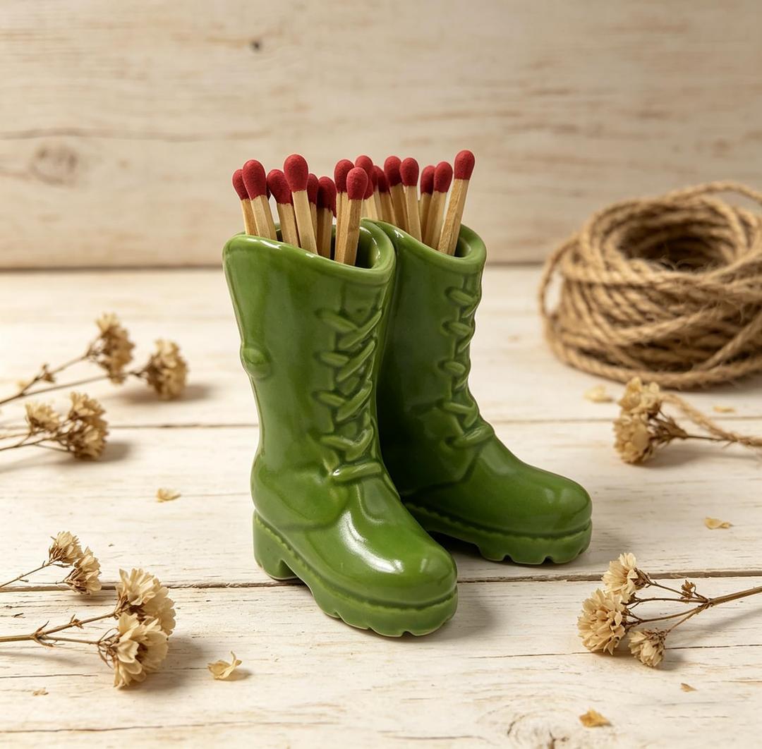 2 x Cowboy Boot Match Holder, Match Holder with Striker, Decorative Matches Holder, Matches Box for Kitchen Bathroom Candle Parlor Modern Home Decor (Green)