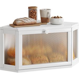 WOWLIVE Corner Bread Box for Kitchen Countertop, Bamboo Bread Storage Container, Large Farmhouse Bread Holder with Acrylic Wavy Door Panel, Multi-functional Container, White