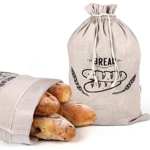 2 x 2 Pack Linen Bread Bag for Homemade Bread Container - Plastic Lined, 19.7 x 13.7 Inch Unbleached & Reusable Bread Storage for Bakery Baguette Picnic Wedding Wrapping Camping