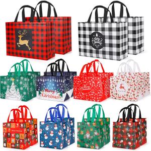 YANGTE 20 Pack Christmas Gift Bags Assorted Sizes, Reusable Tote Bags with Handle, Includes 4 Large 8 Medium 8 Small Non-Woven Christmas Bags for Xmas Party Favors