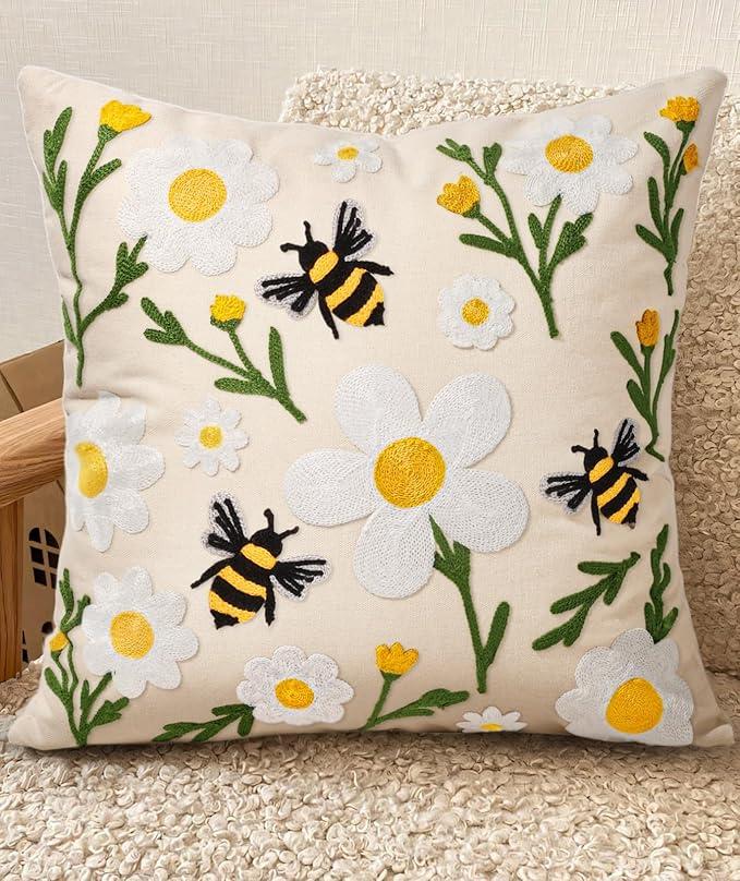 Embroidered Throw Pillow Cover 18x18 Inch - Spring Summer Boho Decorative Pillow Cover with Zipper for Living Room Couch Sofa Bed Aesthetic Design Cushion Pillowcase