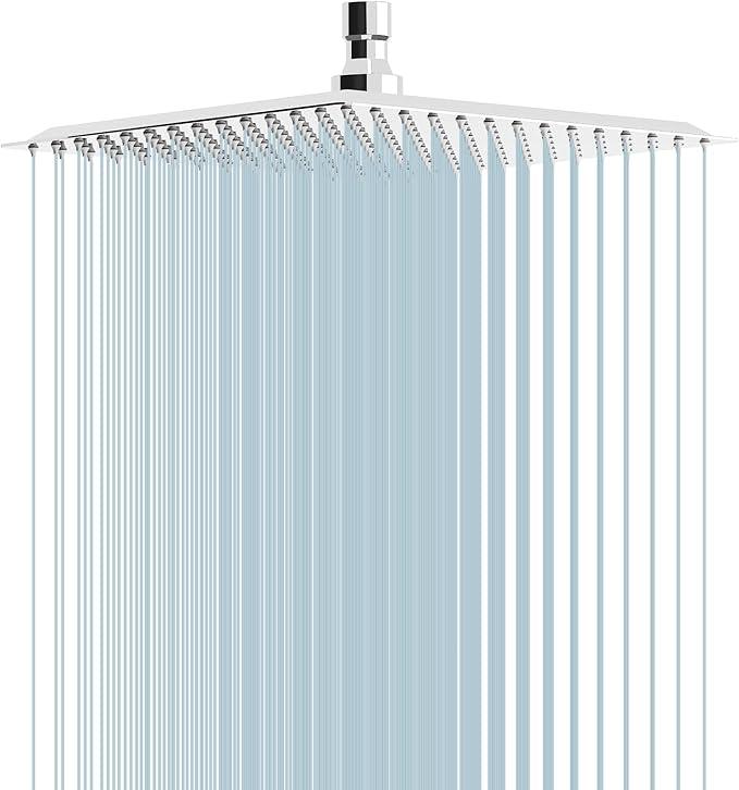 BESy 10 Inch Rain Shower Head, 10" Square Rainfall & High Pressure Stainless Steel Bath Shower Head, 1/16" Ultra Thin, Waterfall Full Body Coverage with Silicone Nozzle, Polished Chrome