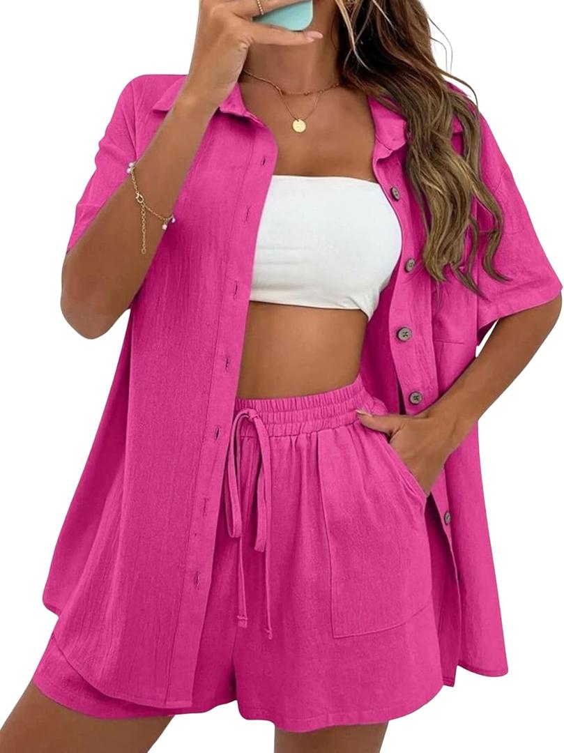 SeekMe Linen Short Sets for Women Short Sleeve Top Shorts 2 Piece Summer Beach Vacation Outfits Lounge Tracksuits (XX-Large, Rose Red)