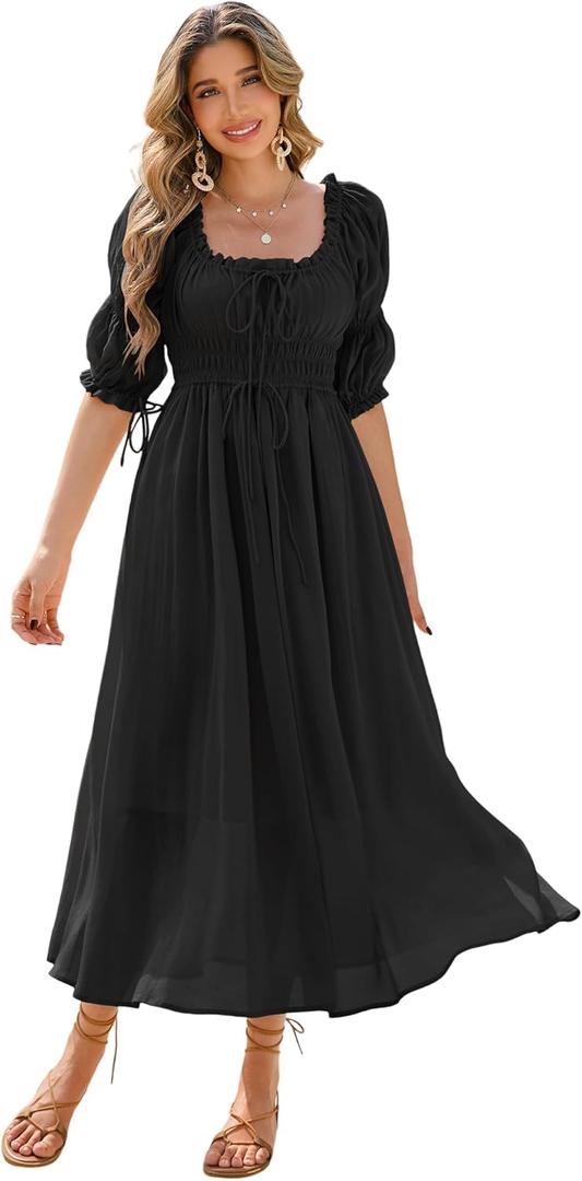 R.Vivimos Women's Summer Square Neck Midi Dress 2026 Casual Puff Half Sleeve Elastic Empire Waist Boho Flowy Long Dresses (Small, Black)