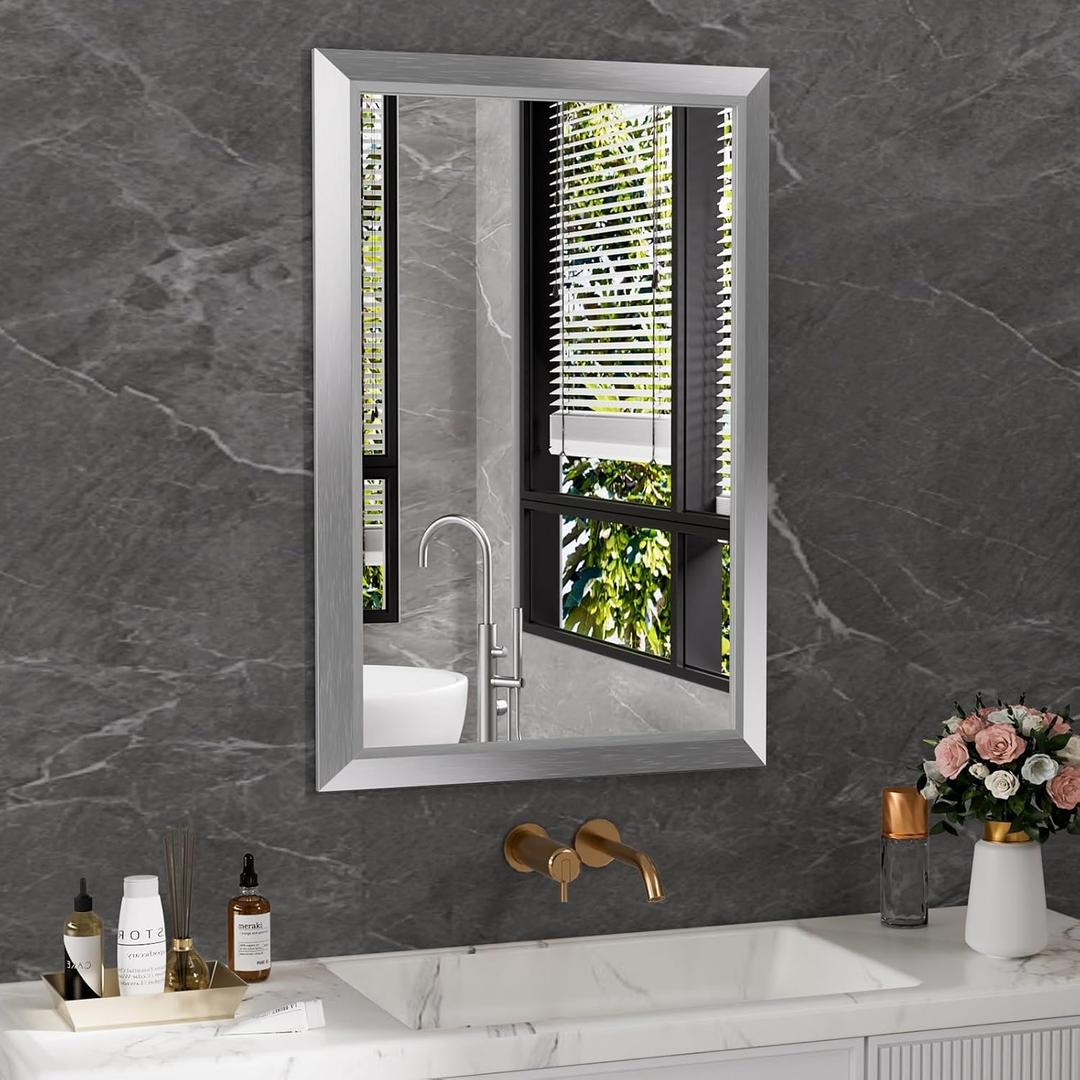 Amorho 24x36 Inch Bathroom Mirror Silver, Thick Metal Framed Wall Mirrors for Over Sink, Brushed Nickel Mirror Perfect for Bedroom, Living Room, Entryway, Rectangle (Horizontal/Vertical)