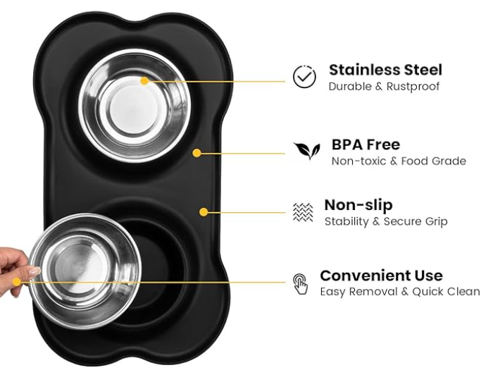 Conlun Dog Bowls with Silicone Feeding Mat, No Spill Food Water Dish Set, Dishwasher Safe, 2 Stainless Steel Puppy Bowls, Suitable for Tiny Dogs Kittens Cats Rabbits Pets under 8lbs, Extra Small, Black