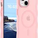 Hualele Magnetic for iPhone 13 & iPhone 14 Case, Compatible with MagSafe, Military Grade Dropproof Translucent Matte Back Cute Curly Wave Edge Slim Phone Case,Light Pink