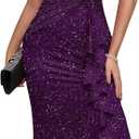 Women Sparkly Dresses Wedding Cocktail Party Ruffle Sleeves Ruched Wrap Sparkly Glitter Dress (Purple, M)
