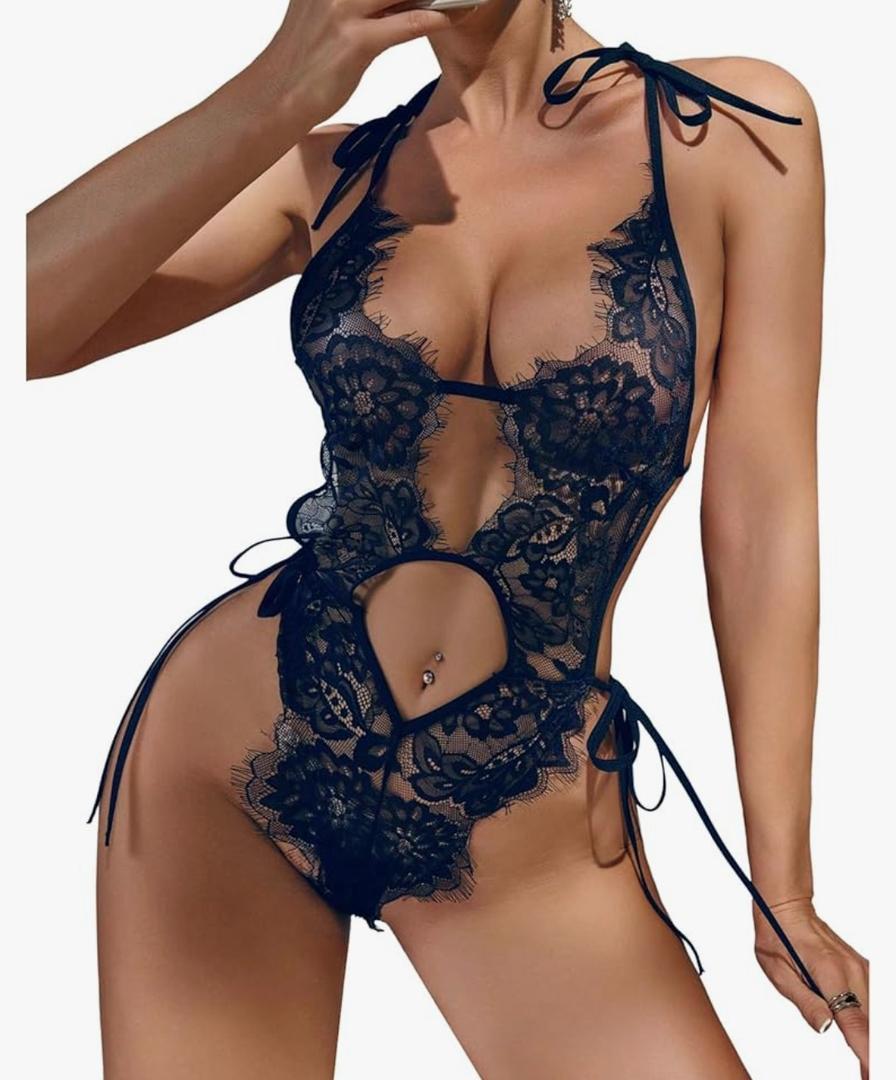 SHENHE Women's Floral Lace Teddy Bodysuit Lingerie Backless Sheer Lingerie One Piece Tie String Body Suit Blue L
