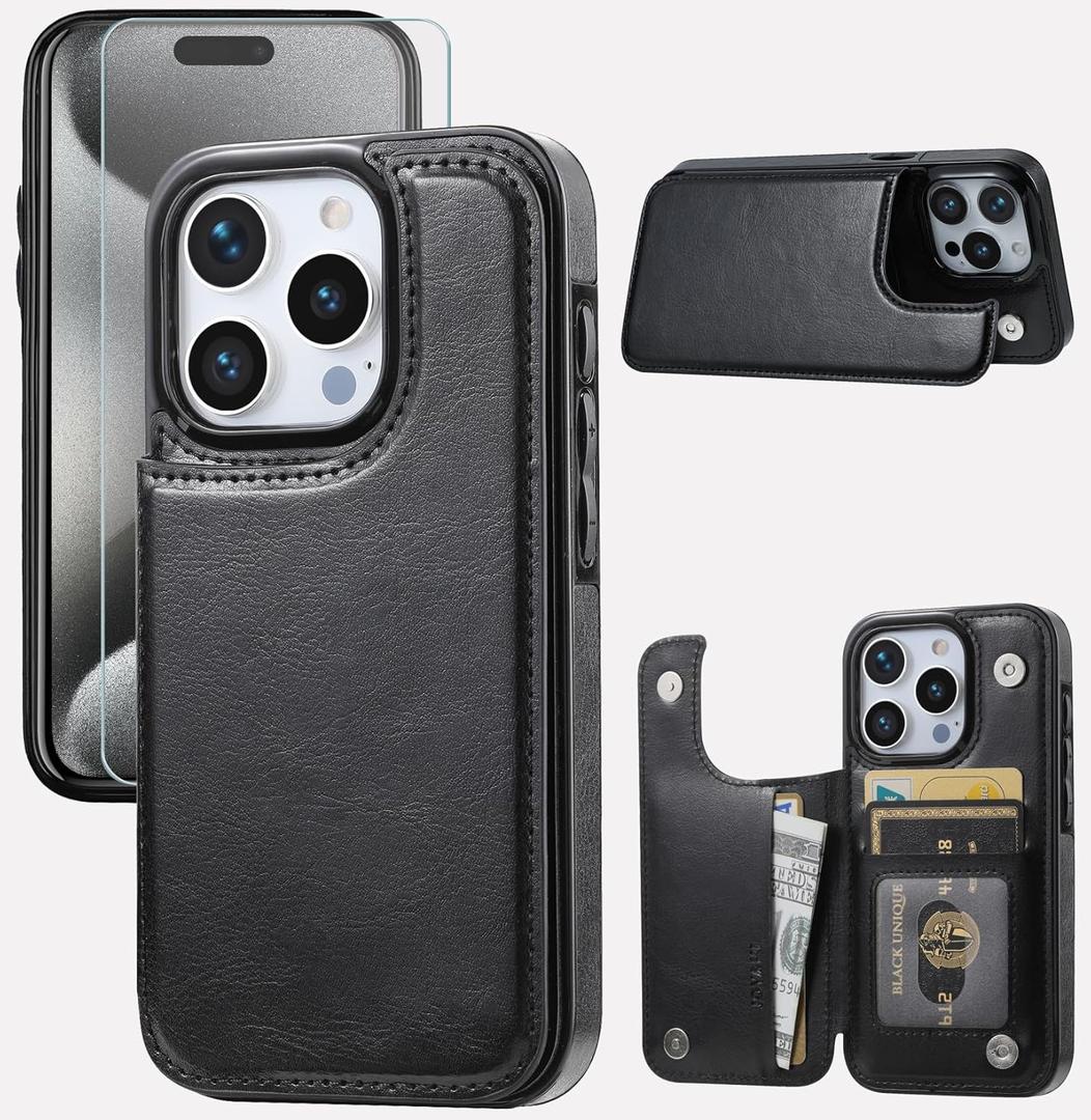 Compatible with iPhone 15 Pro 6.1 Wallet Case +1 Screen Protector, Slim Protective case with Card Holder, PU Leather Kickstand Card Slots Case-Black