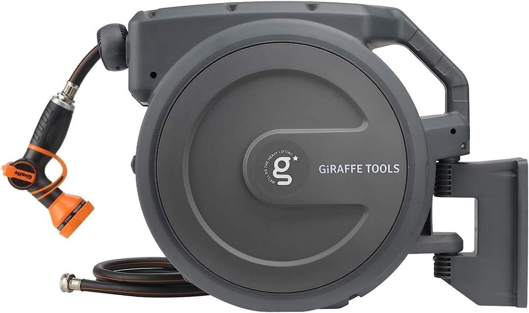 Giraffe Tools 1/2"100FT Retractable Garden Hose Reel Wall Mount Auto Rewind | Any Length Lock,Auto Rewind System,180° Swivel Bracket,Heavy Duty Hybrid Hose,Easy to Assemble,7 Spray Patterns