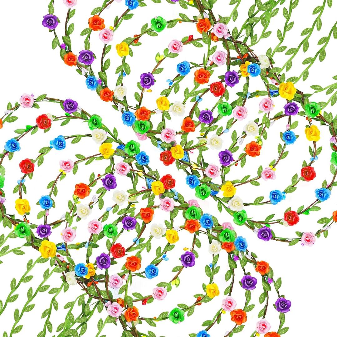 Assorted Colored Flower Crown, Wreath Headband Floral Headpiece Party Festivals, Garland Multicolor Headbands (24 PCS)