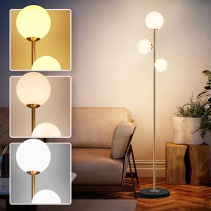 3 Globe Floor Lamp - Mid Century Modern Standing Light with 3 Color Temperatures, LED Bulbs, Frosted Glass Shades for Living Room (Gold)