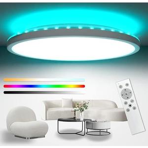 42cm LED Ceiling Light 3000-6000K Large, 32W 4000LM Bathroom Light Dimmable with Remote Control, RGB Color Changing Backlight, Big Flush Round Ceiling Lights for Living Room Bedroom Kitchen [Energy Class E]