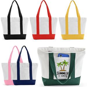 Mini Canvas Tote Bag with Pockets, 12oz Cotton Small Tote Bag with Zipper Reusable Grocery Shopping Bags for DIY (Multicolor)