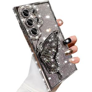 Changjia for Samsung Galaxy S26 Ultra Glitter 3D Butterfly Case,Cute Luxury Bling Sparkly Diamond Rhinestone Liquid Flowing Case with Camera Lens Protector Women Girl Cover for Galaxy S26 Ultra,Silver