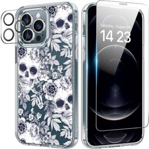 bicol for iPhone 12 Pro Max Case with Screen Protector and Camera Lens Protector - Fashionable Flower Floral Designs for Women Girls - Shockproof Acrylic Clear Phone Cover 6.7" - Elegant Skulls