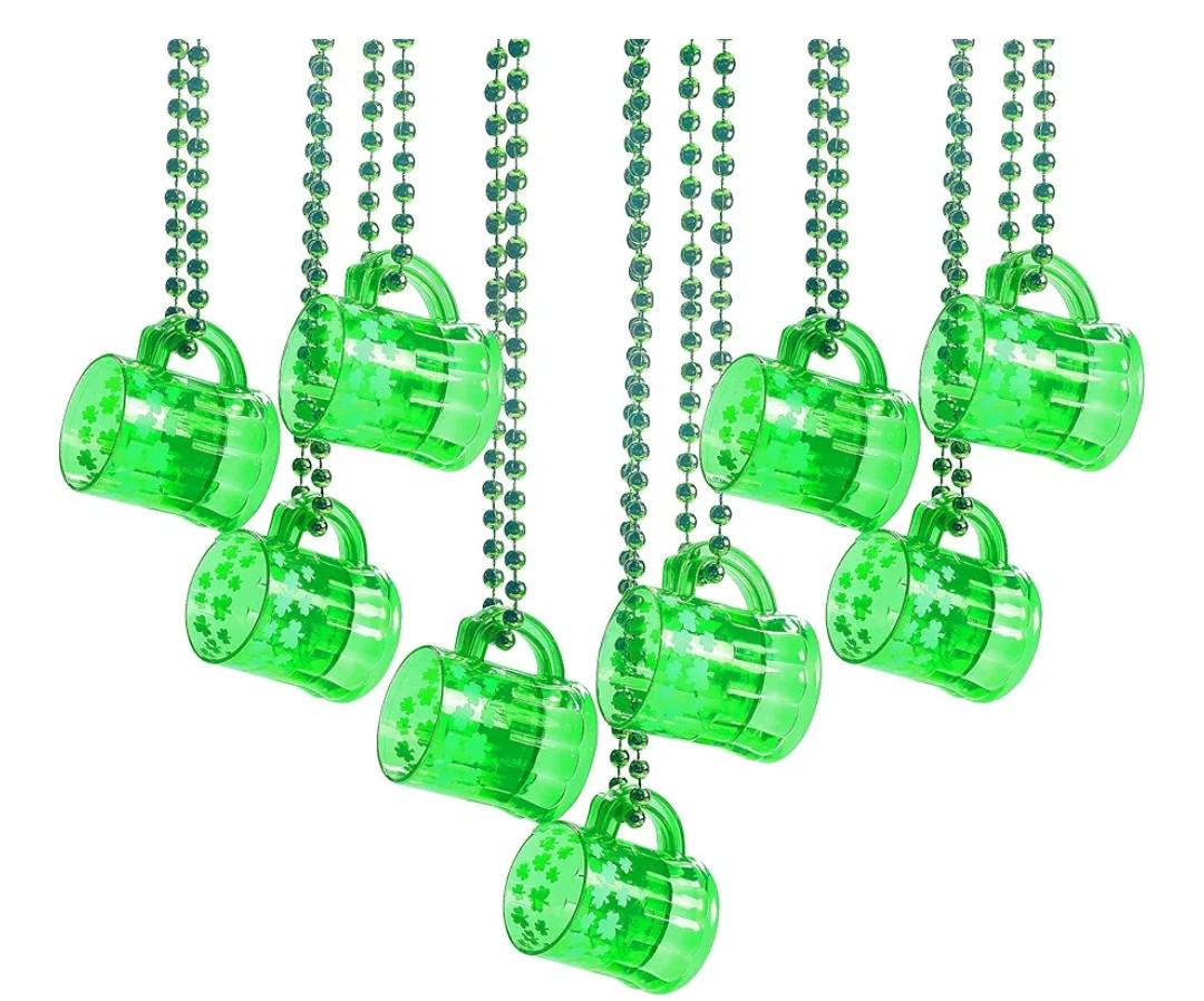 4E's Novelty St Patricks Day Shot Glasses Bead Necklaces, Pack of 12 – Green Irish Gifts Party Favors Supplies, St Patricks Day Accessories for Adults (Transparent Green With Shamrock)