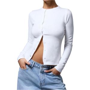 SOLY HUX Women's Button Down Sweater Crew Neck Long Sleeve Shirts Knitted Casual Pullovers (White, M)