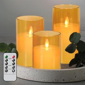 Flameless Candles with Remote Timer, LED Pillar Candles Moving Wick Flickering Battery Operated Pack of 3, Home Decorating for Ambiance, Cycling 24 Hours Timer, Gold