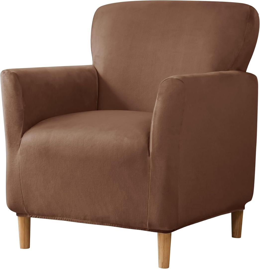 LiveGo Stretch Mid Century Modern Armchair Slipcover 1-Piece Jacquard Accent Chair Covers with Arms Soft Waterproof Chair Slipcovers for Living Room Furniture Protector Office (Velvet Dark Brown)