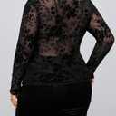 WDIRARA Women's Plus Size Floral Jacquard See Through Mesh Top Lace Mock Neck Long Sleeve Shirts (Black, XXXL)