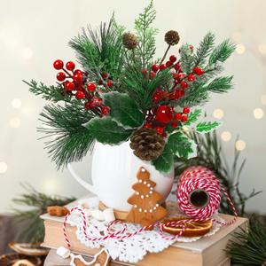 ZOXILEN 22 Pcs Large Artificial Christmas Tree Picks, Assorted 20 Kinds Red Berry Picks Stem Faux Pine Branches Flower Pick with Pinecones Apples Holly Leaves for Winter Holiday Season Home Decor