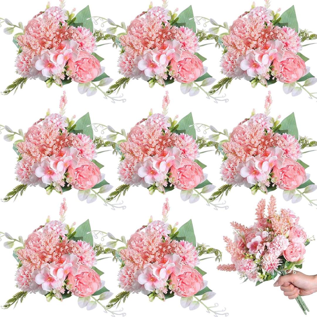 Zeyune 8 Pcs 13.4 Inch Artificial Flowers Bouquet Fake Silk Flowers Faux Bouquet Hydrangea Bouquets for Mother's Day Wedding Birthday Table Centerpieces Home Office Decoration(Pink,Peony)