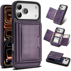 for iPhone 17 pro max Wallet Case, 2-in-1 Detachable Phone Case, Card Holder RFID Blocking, Fashionable Faux Leather Card Slot & Folding Design (Purple)