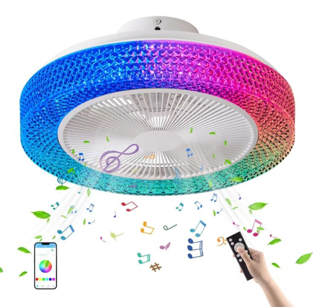 ASANCU Ceiling Fan with Light and Bluetooth Remote, RGB Dimmable LED Enclosed Ceiling Fan for Kids' Rooms with Bluetooth Speaker and 3 Color LED Lights, 6 Wind Speed and App Timer Settings, 19.09''