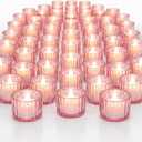 Mumufy 50 Pcs Glass Tealight Candle Holder Ribbed Votive Candle Holder for Centerpiece Wedding Proposal Spa Aromatherapy Meditation Home Decor (Pink)