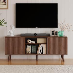 55 inch Fluted TV Stand with Storage, Mid Century Modern Entertainment Center with Adjustable Shelf, TV Table Stand up to 65 Inches TVs for Living Room, Bedroom, Walnut
