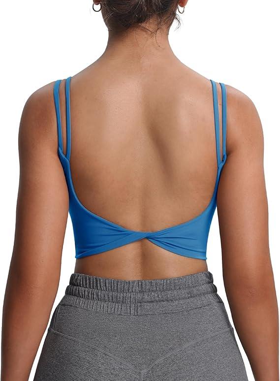 Aoxjox Sports Bras for Women Workout Fitness Ruched Training Baddie Cross Back Yoga Crop Tank (Steel Blue, XX-Small)