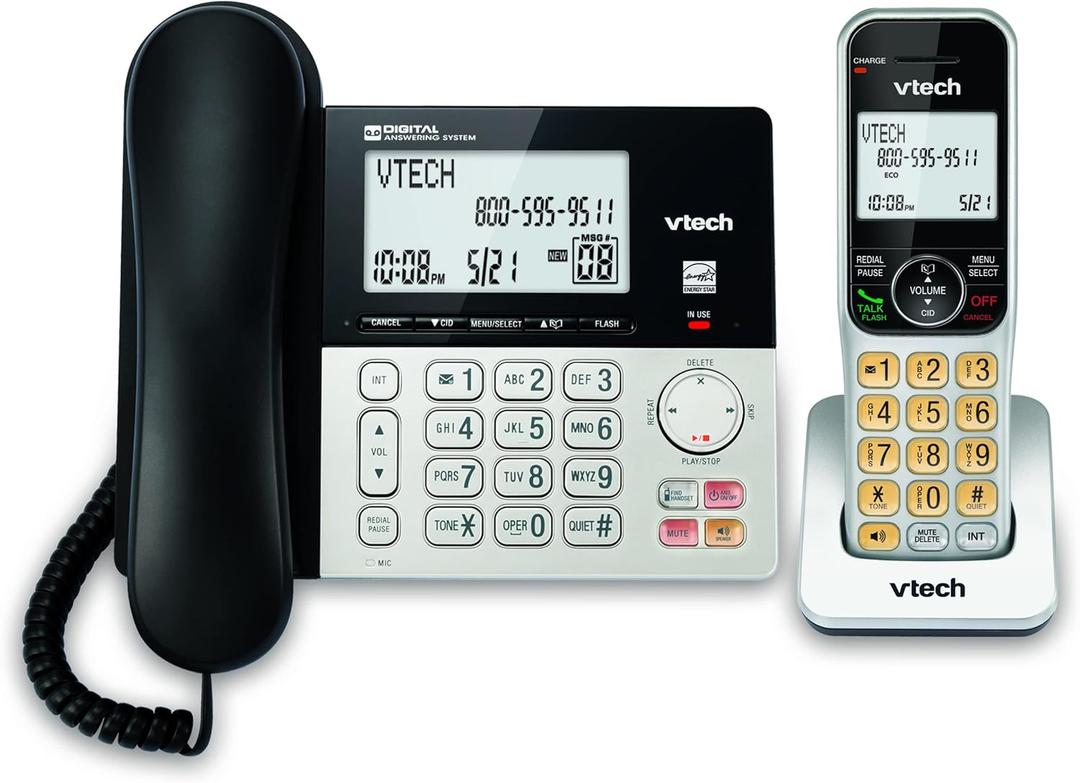 VTech VG208 DECT 6.0 Corded/Cordless Phone for Home with Answering Machine, Call Blocking, Caller ID, Large Backlit Display, Duplex Speakerphone, Intercom, Line-Power(Silver/Black) (1 Handset)