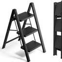 SOLADDER Step Ladder 3 Step Folding, Small Step Stool for Adults, Portable Anti-Slip Iron Stepladder with Wide Pedals for Home and Kitchen Use, Space Saving - Black (300 lbs)