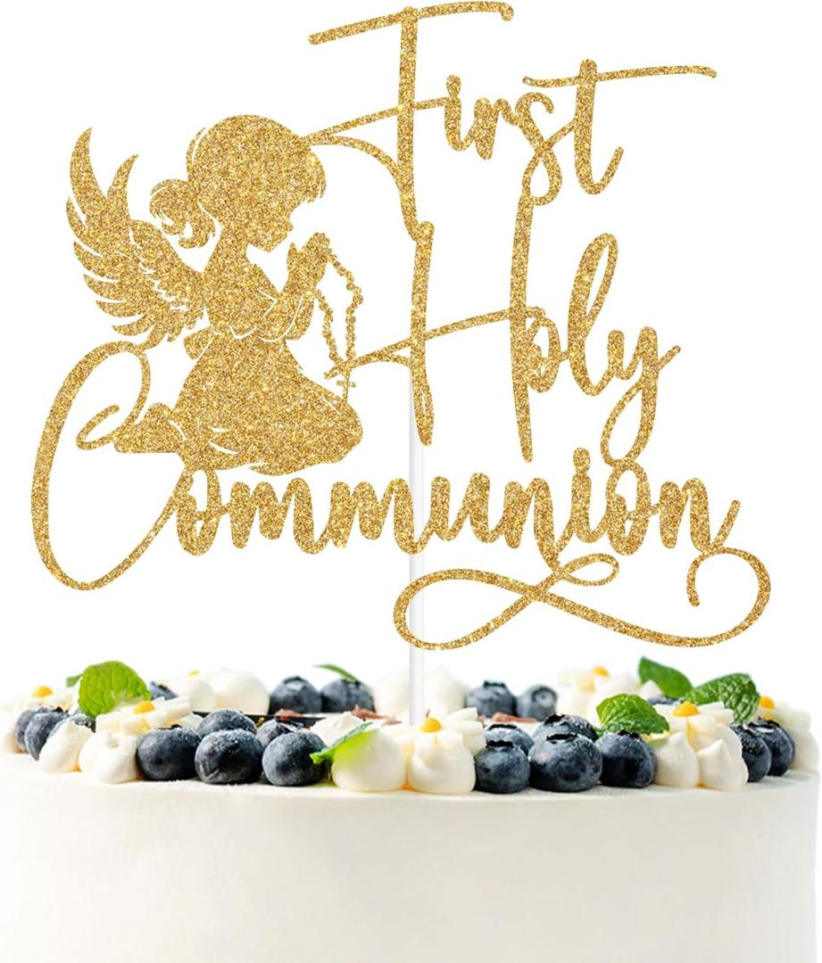 3 x Gold Glitter First Holy Communion Cake Topper, First Confiamtion Spanish Baptism Baby Girls Cross Dcor, Religious Christening Wedding Enagement Party Decorations Supplies