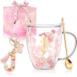 Gifts for Women Flower Cute Monogrammed Double Wall Glass Coffee Mug Initial Tea Cup Monogrammed Customized Birthday Valentine Wedding Christmas Gift for Mom Wife Friends Sister Birde Coworkers (J)