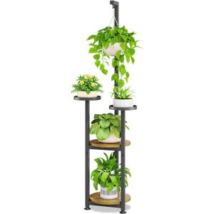 iDavosic.ly 4 Tier Hanging Plant Stand Indoor, Tall Vertical Corner Metal Flower Heavy Duty Pot Holder Shelf for Patio Porch Living Room, Modern Black & Rustic Brown - Round