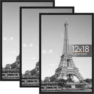 Upsimples 12x18 Picture Frame Black 3 Pack, Scratch-Proof Poster Frames 12 x 18 for Photo Gallery - Slide-In Strips, Horizontal or Vertical Wall Mounting