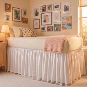 Fanfanwin Dorm Room Bed Skirt Twin XL 36 Inch Drop Extra Long Bedskirt White Boho with Tassel Washable Elastic Dust Ruffle Back to School Student Gifts for College High School Bedroom Supplies Fabric