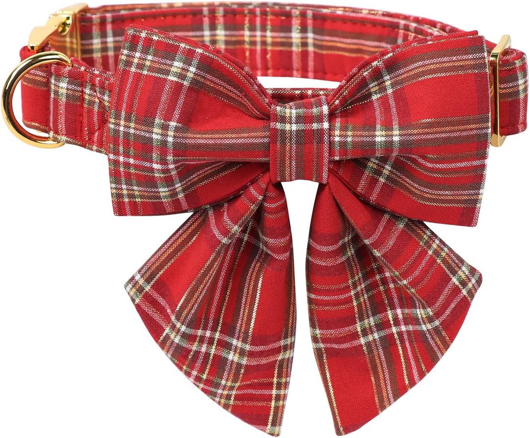 MR. CHUBBYFACE Christmas Red Plaid Dog Collar with Sailor Bow, Adjustable Cotton Christams Puppy Collar with Metal Buckle, Cute Boy Girl Pet Collars for Small Medium Large Dogs (XS)